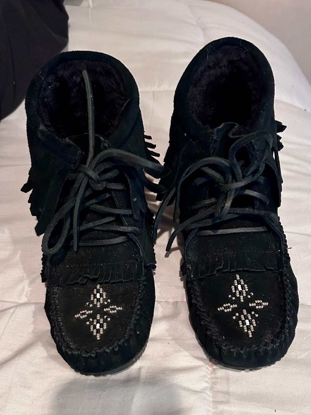 Womens Black Fringe Moccasin Boots with Bead Accent manitobah mukluks